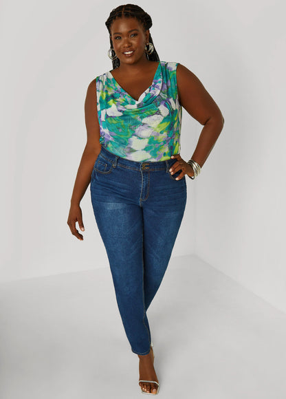 Cowl Neck Printed Mesh Top