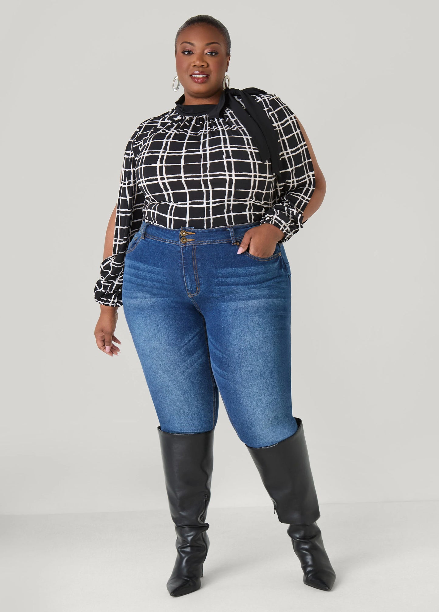 Windowpane Split Sleeved Top
