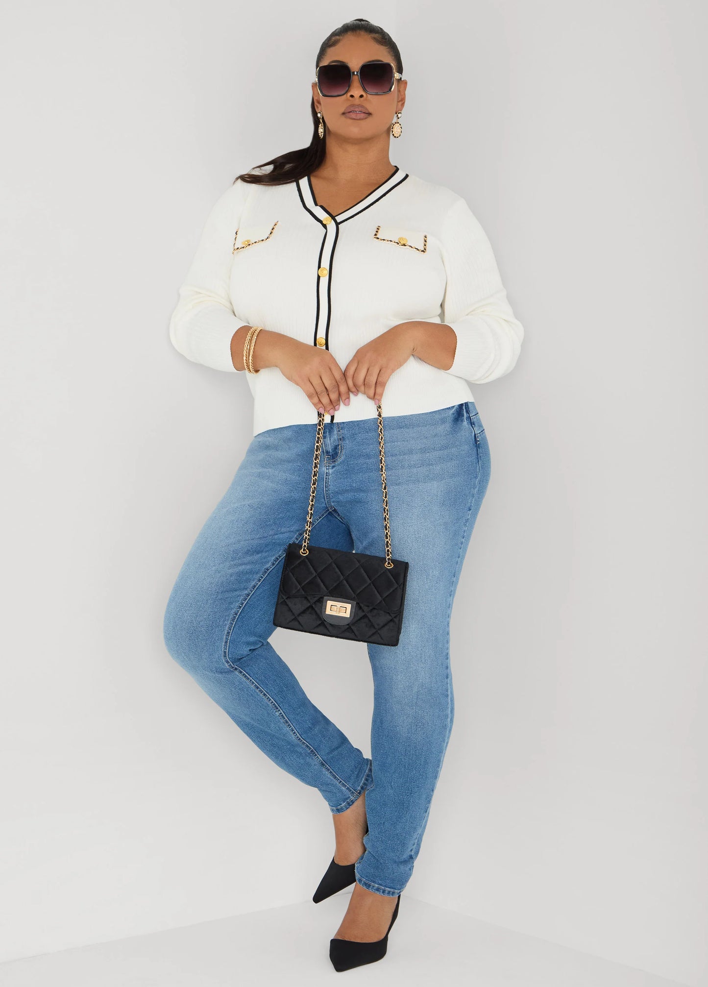 Faux Leather Chain Trimmed Sweater