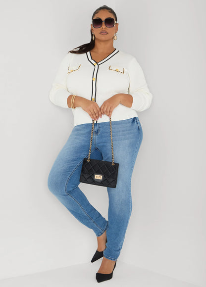Faux Leather Chain Trimmed Sweater