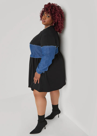 Denim Paneled Terry Dress