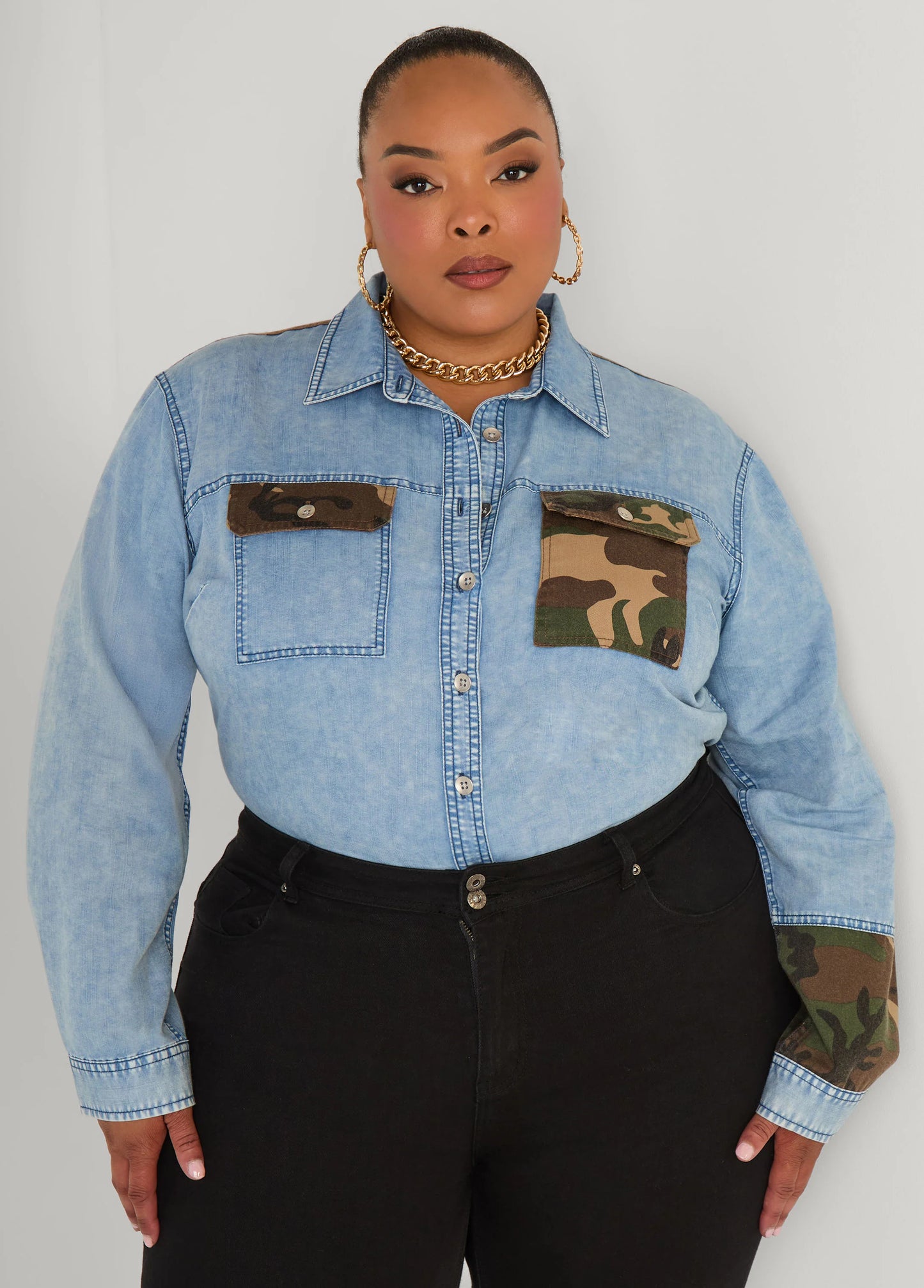 Camo Paneled Denim Shirt
