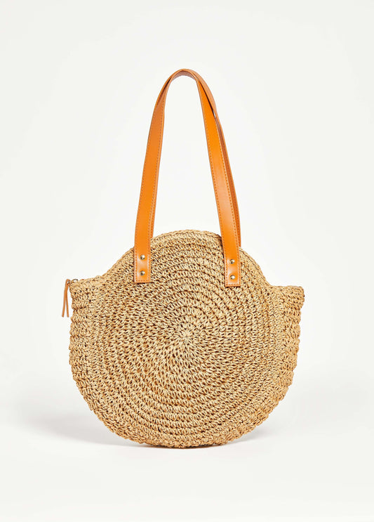 Faux Leather Trimmed Straw Bag