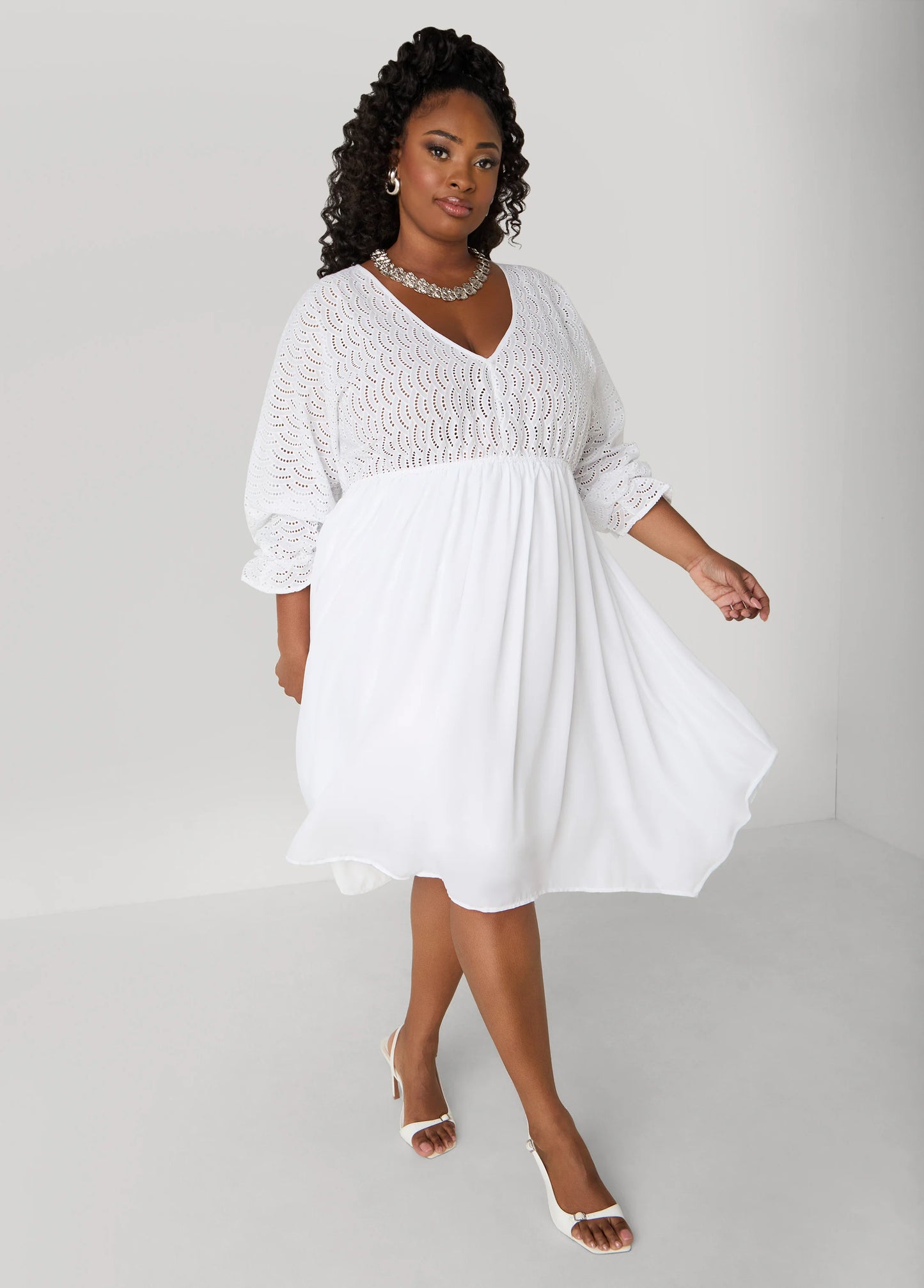 Eyelet And Crepe A Line Dress