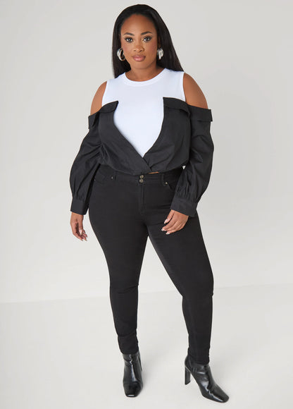 Cold Shoulder Paneled Poplin Top