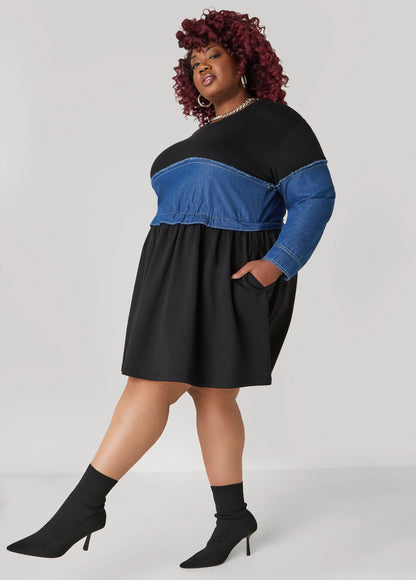 Denim Paneled Terry Dress