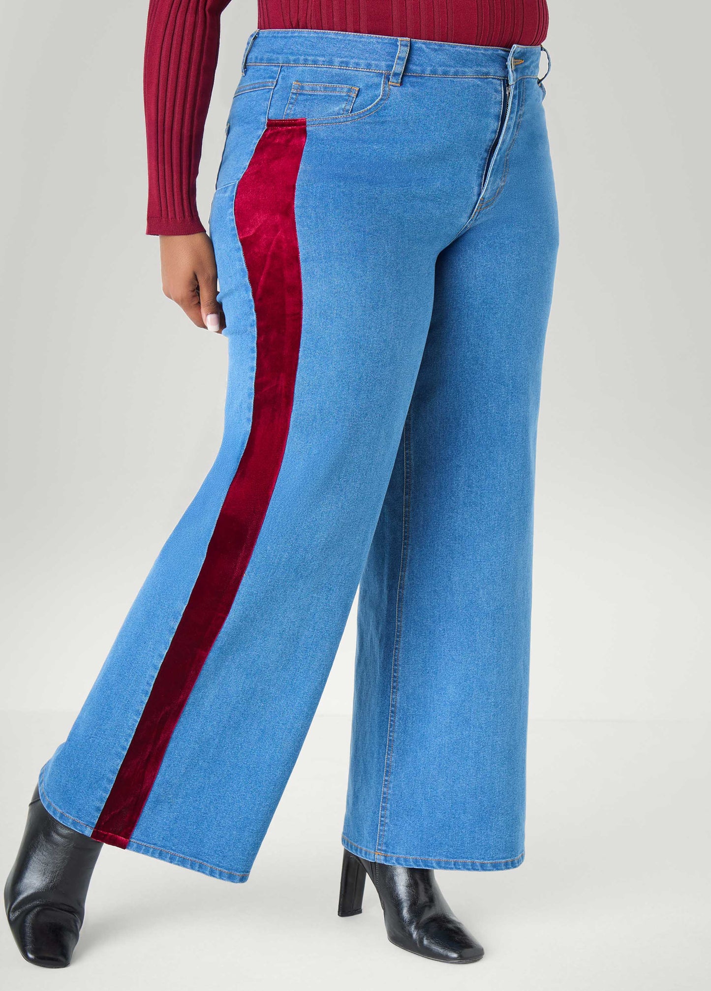 Velvet Trimmed Wide Leg Jeans