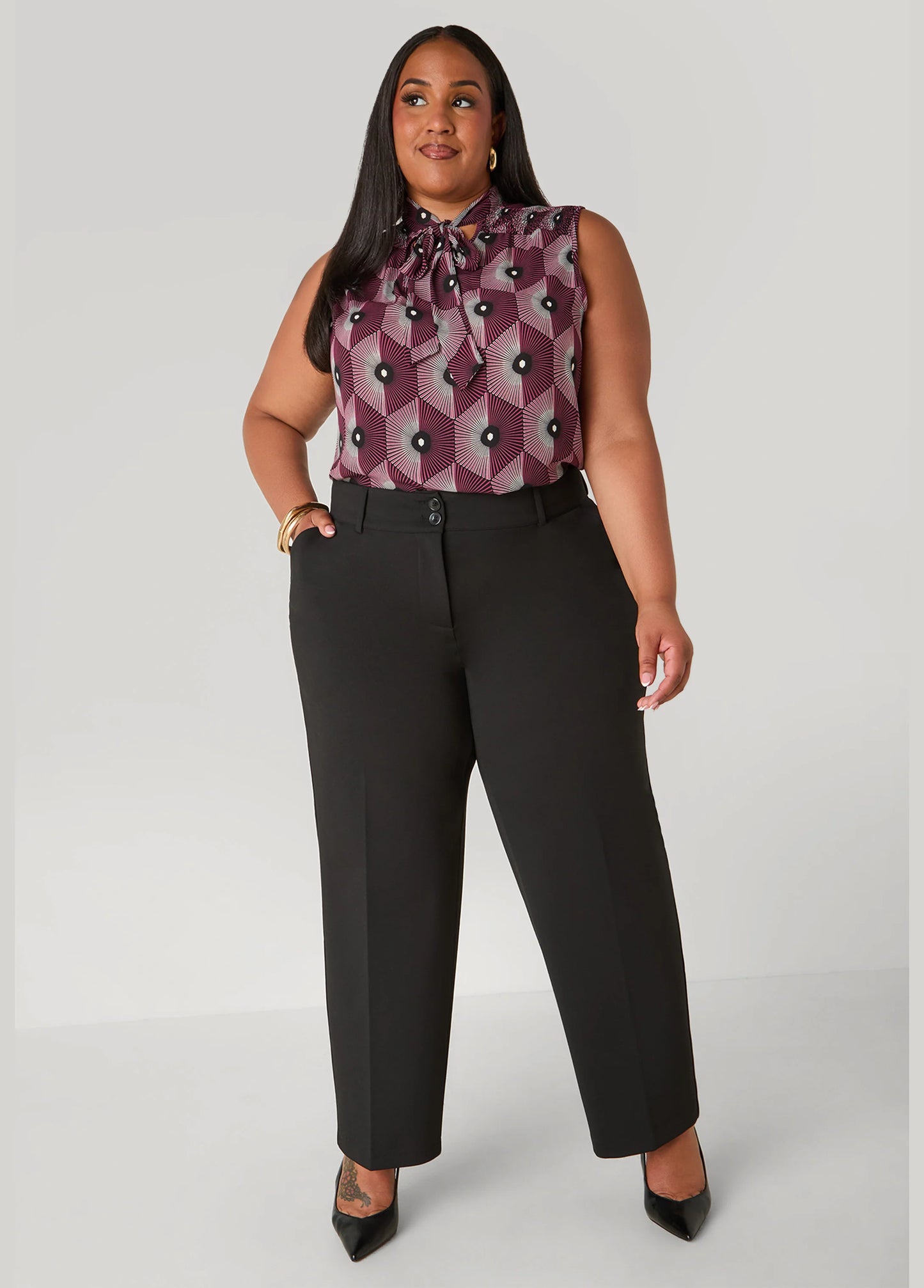 Geo Print Tie Neck Blouse