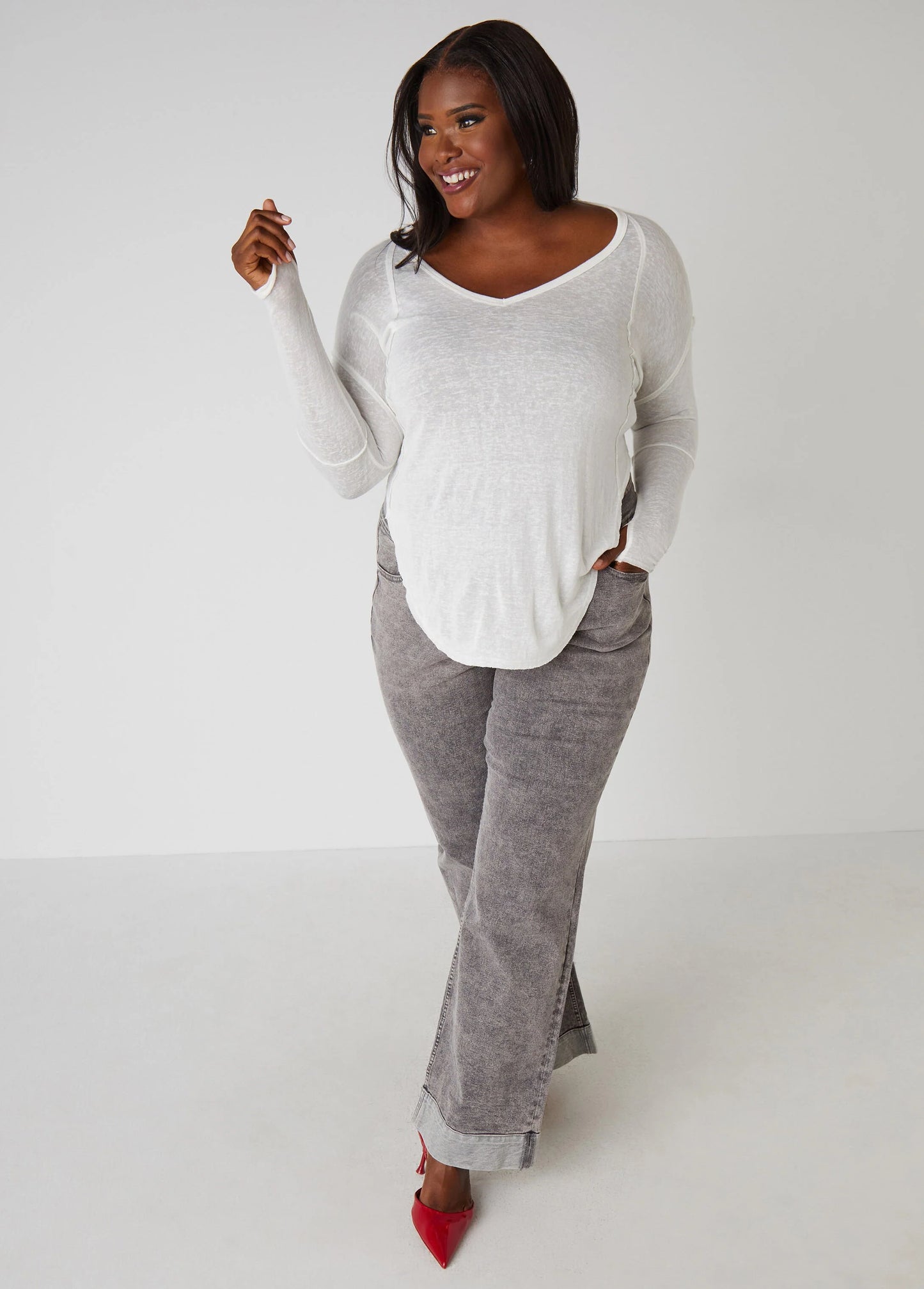 Slub Knit V Neck Top