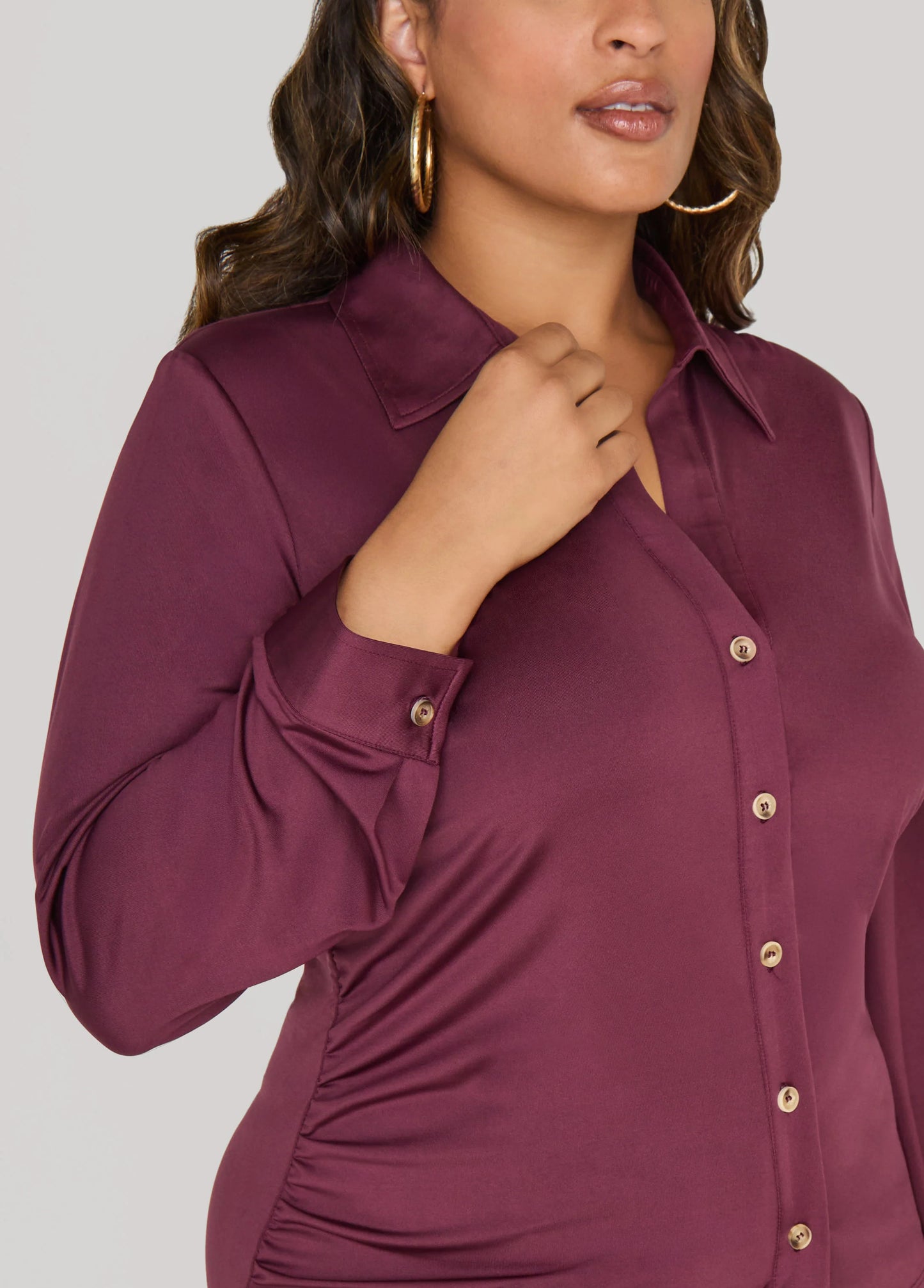 Gathered Button Front Knit Shirt