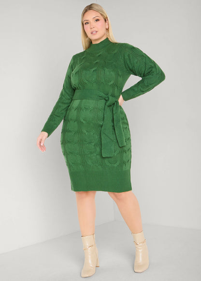 Belted Cable Knit Sweater Dress
