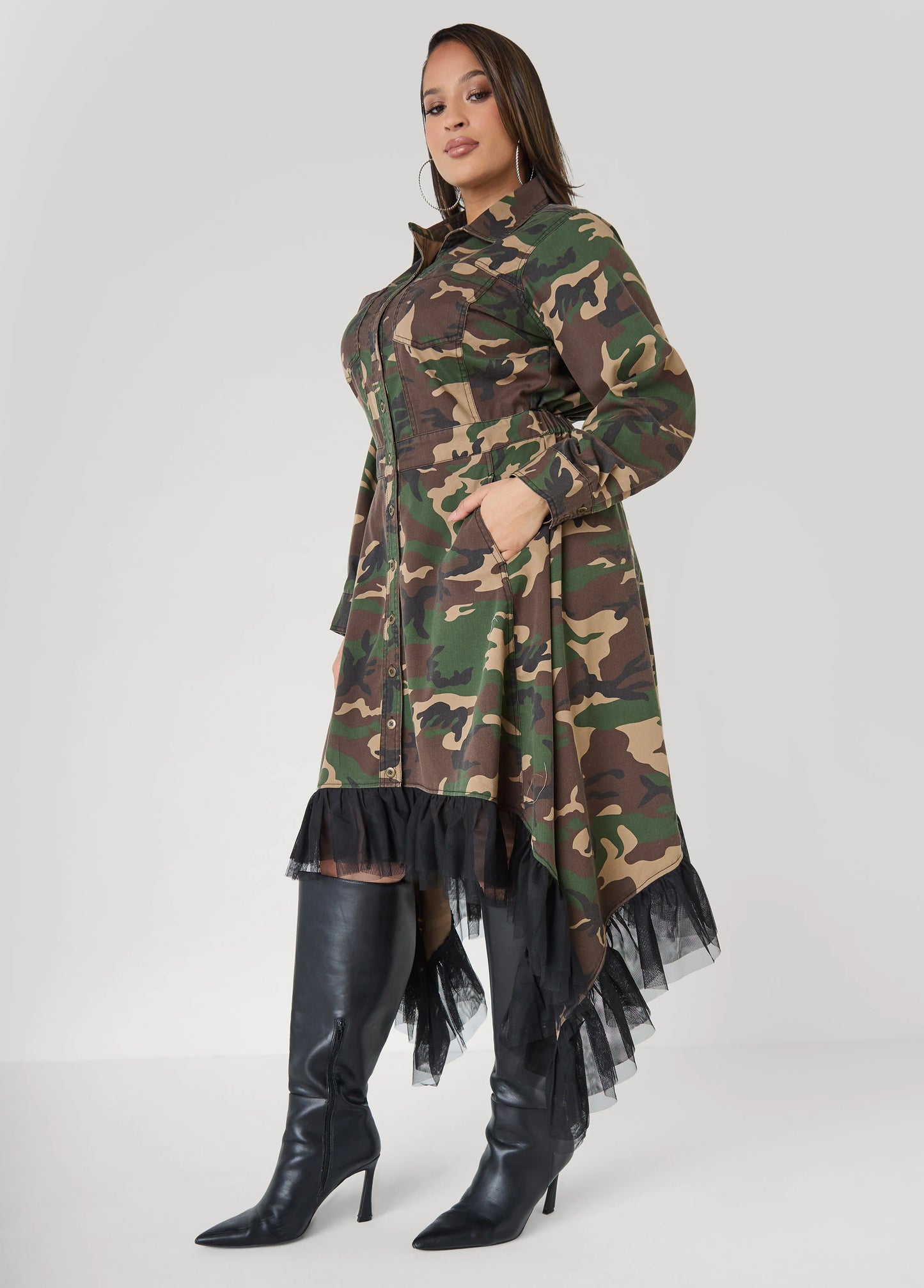 Tulle Trimmed Camo Midi Dress