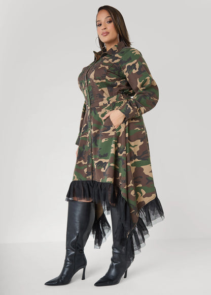 Tulle Trimmed Camo Midi Dress