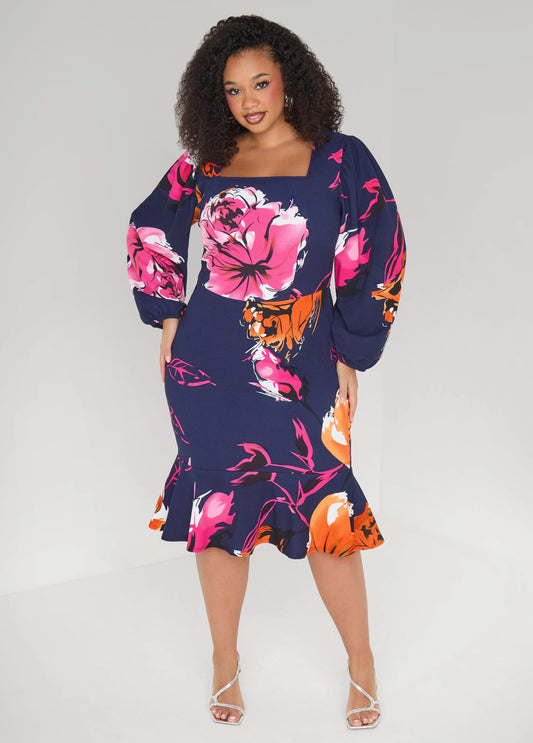 Flounced Floral Sheath Dress