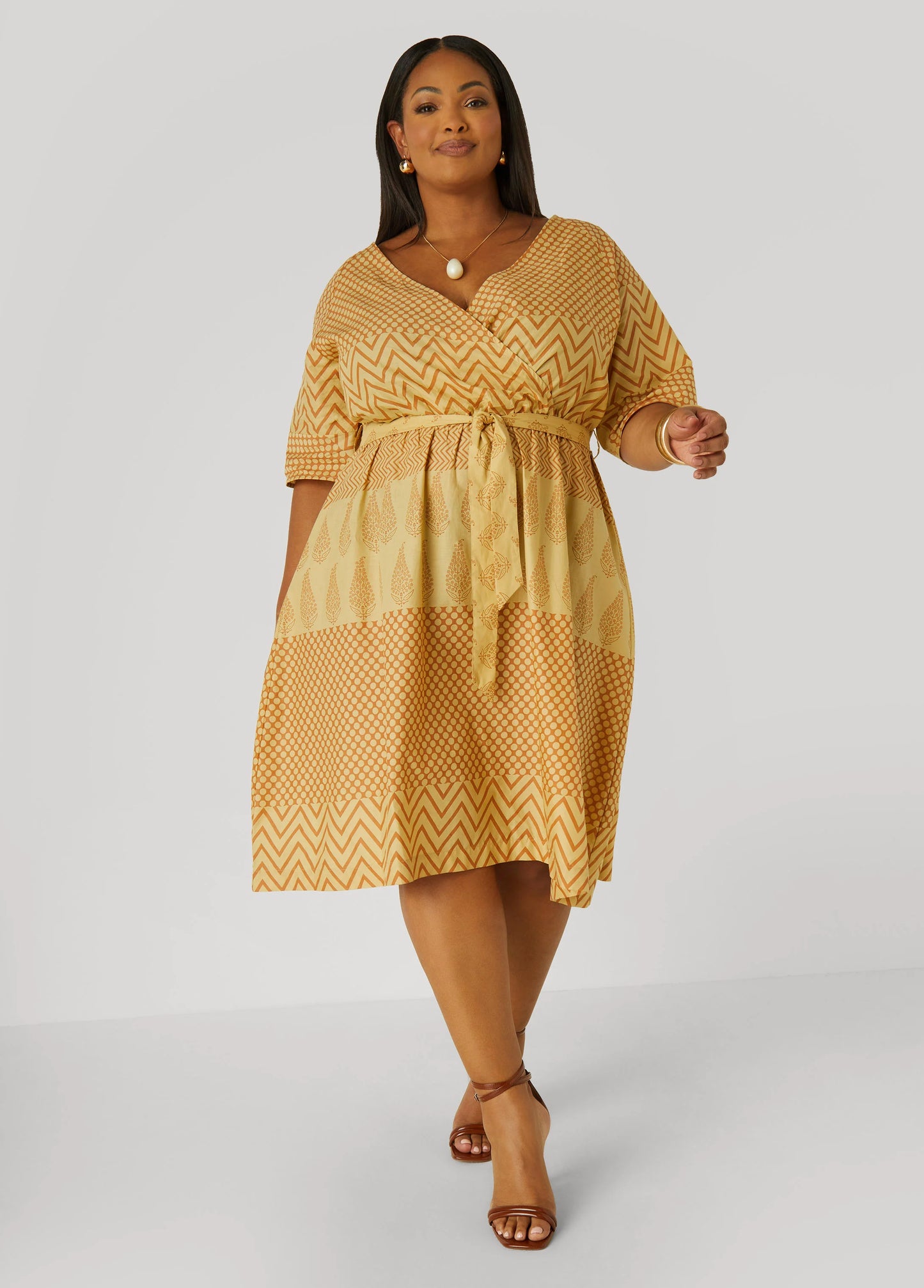 Printed Cotton Faux Wrap Dress
