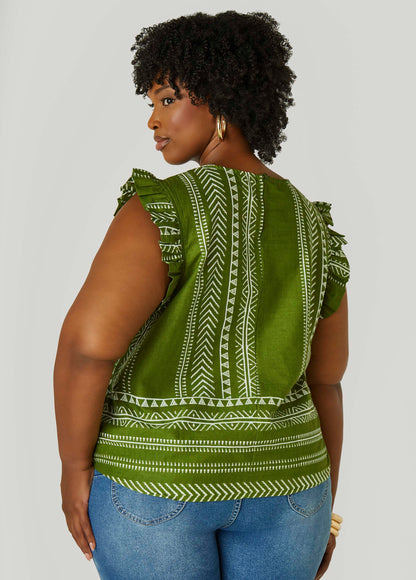 Ruffle Trimmed Printed Cotton Top