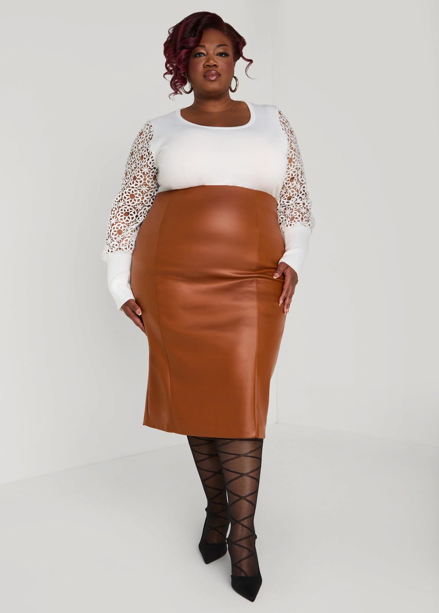 Midi Faux Leather Pencil Skirt