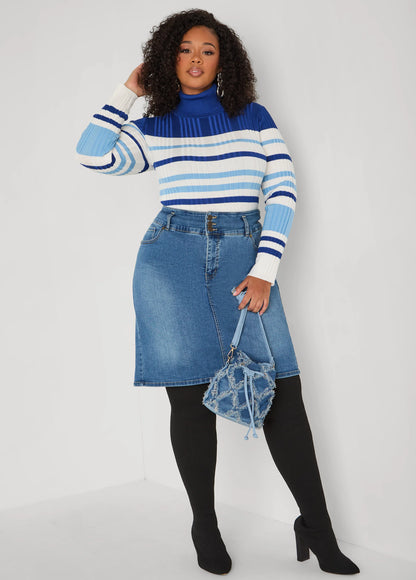 Striped Ribbed Turtleneck Sweater