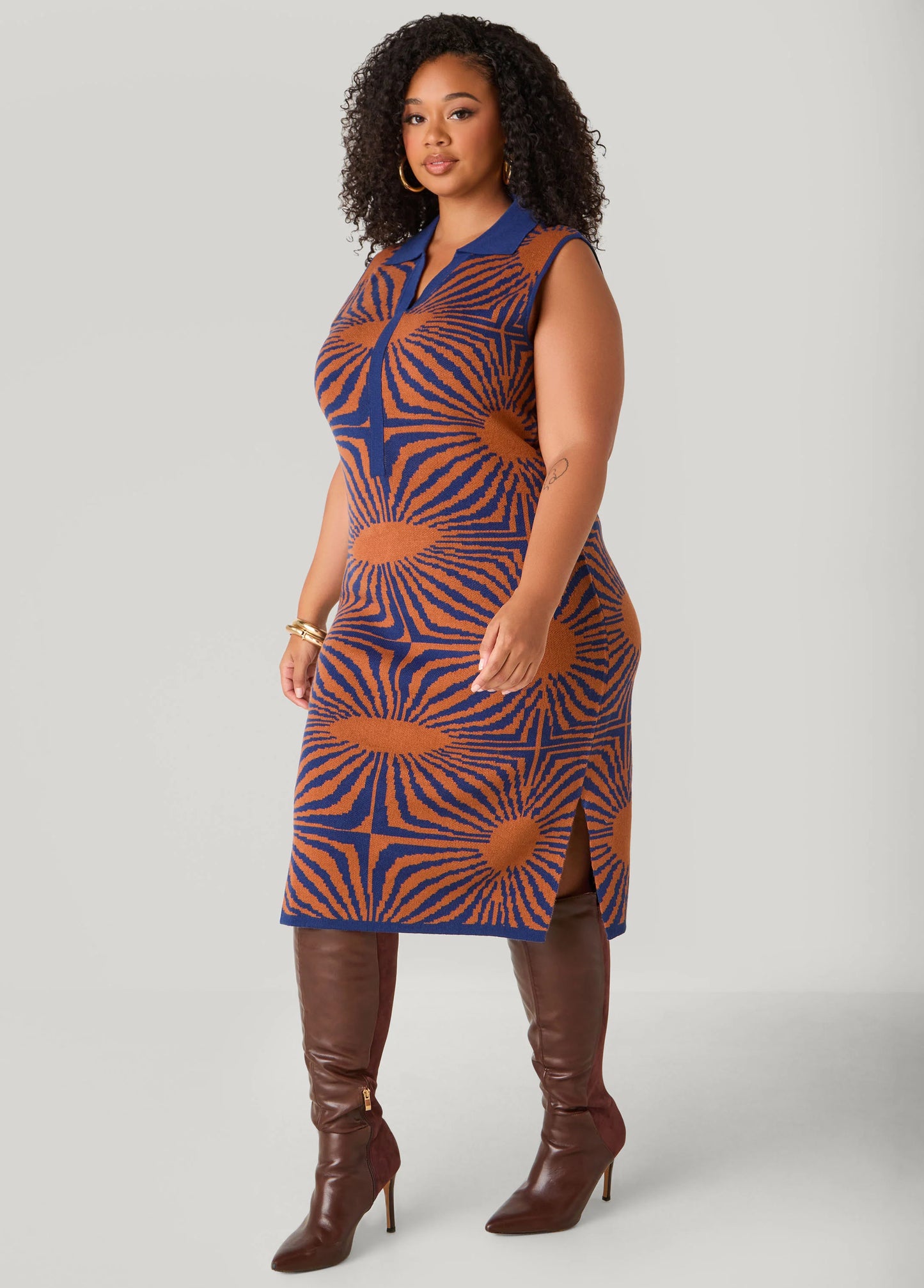 V Neck Intarsia Sweater Dress