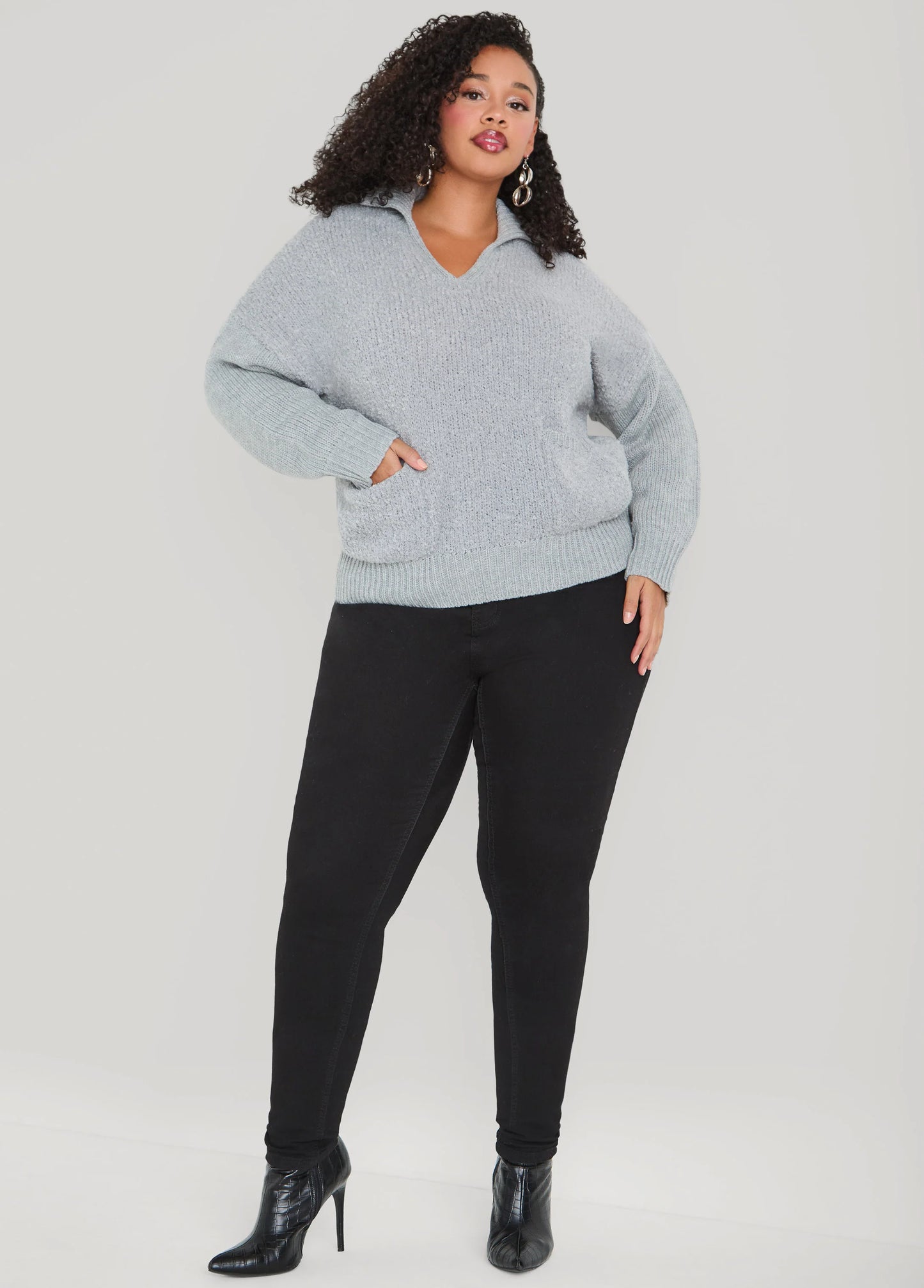 V Neck Boucle Knit Pullover