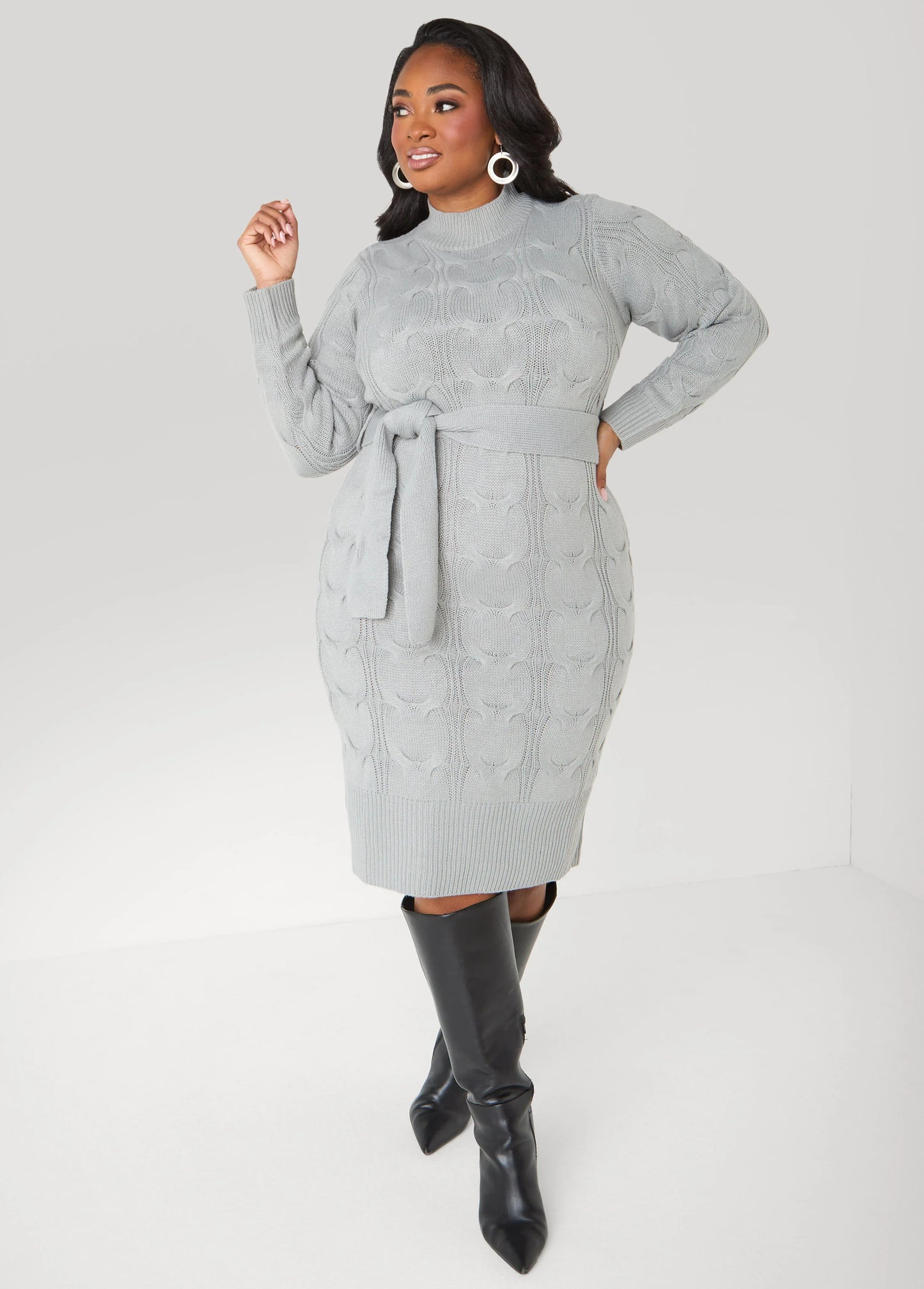 Belted Cable Knit Sweater Dress