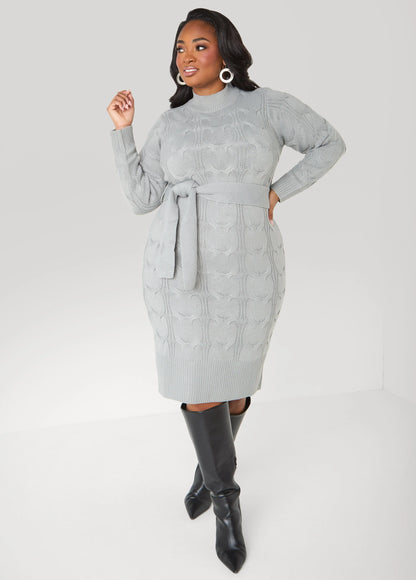 Belted Cable Knit Sweater Dress