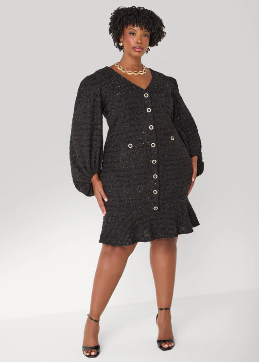 Flounced Boucle Sheath Dress