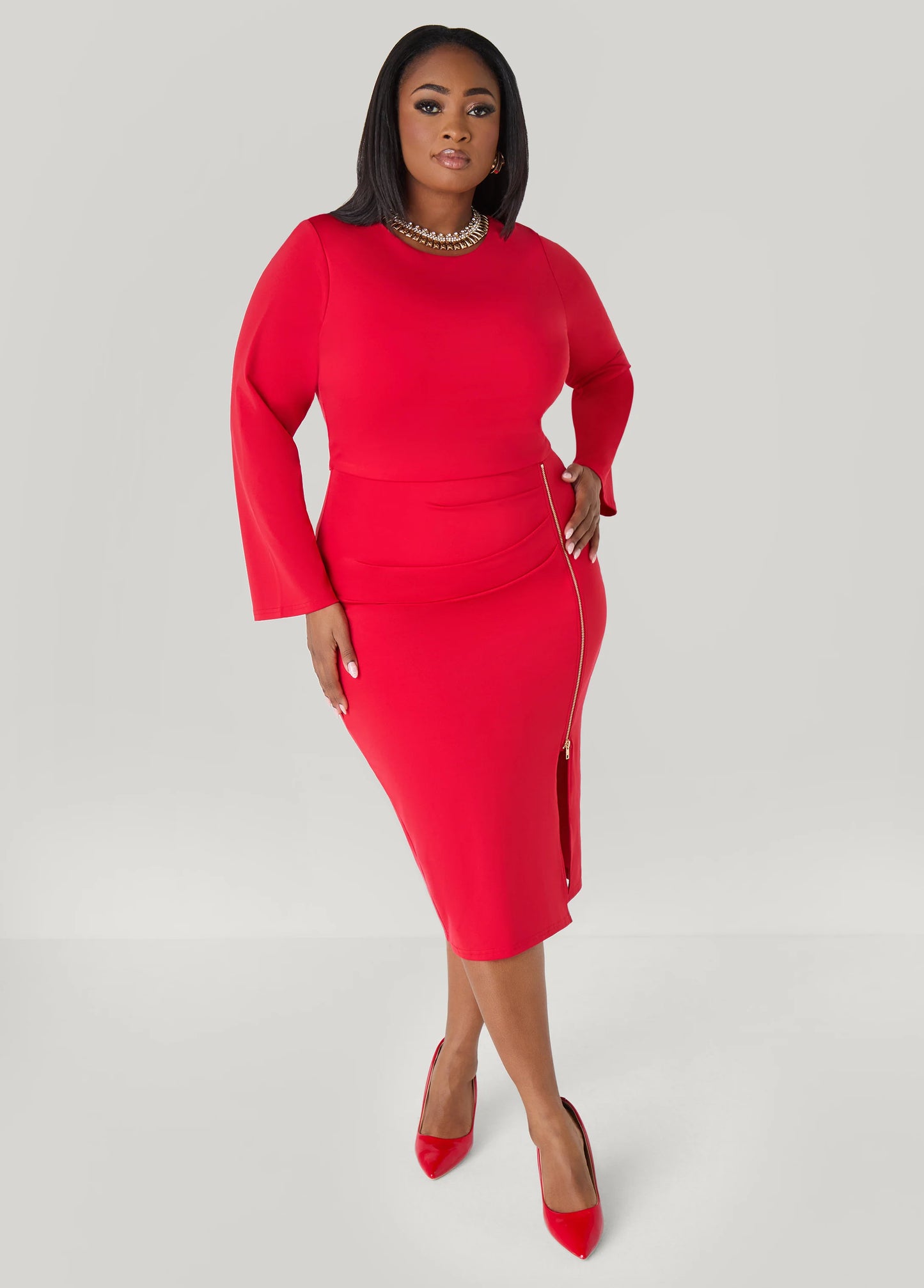 Zip Detailed Midi Bodycon Dress