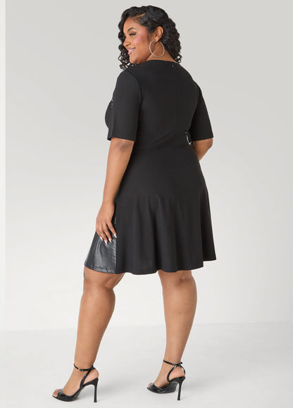 Studded Faux Leather Paneled Dress