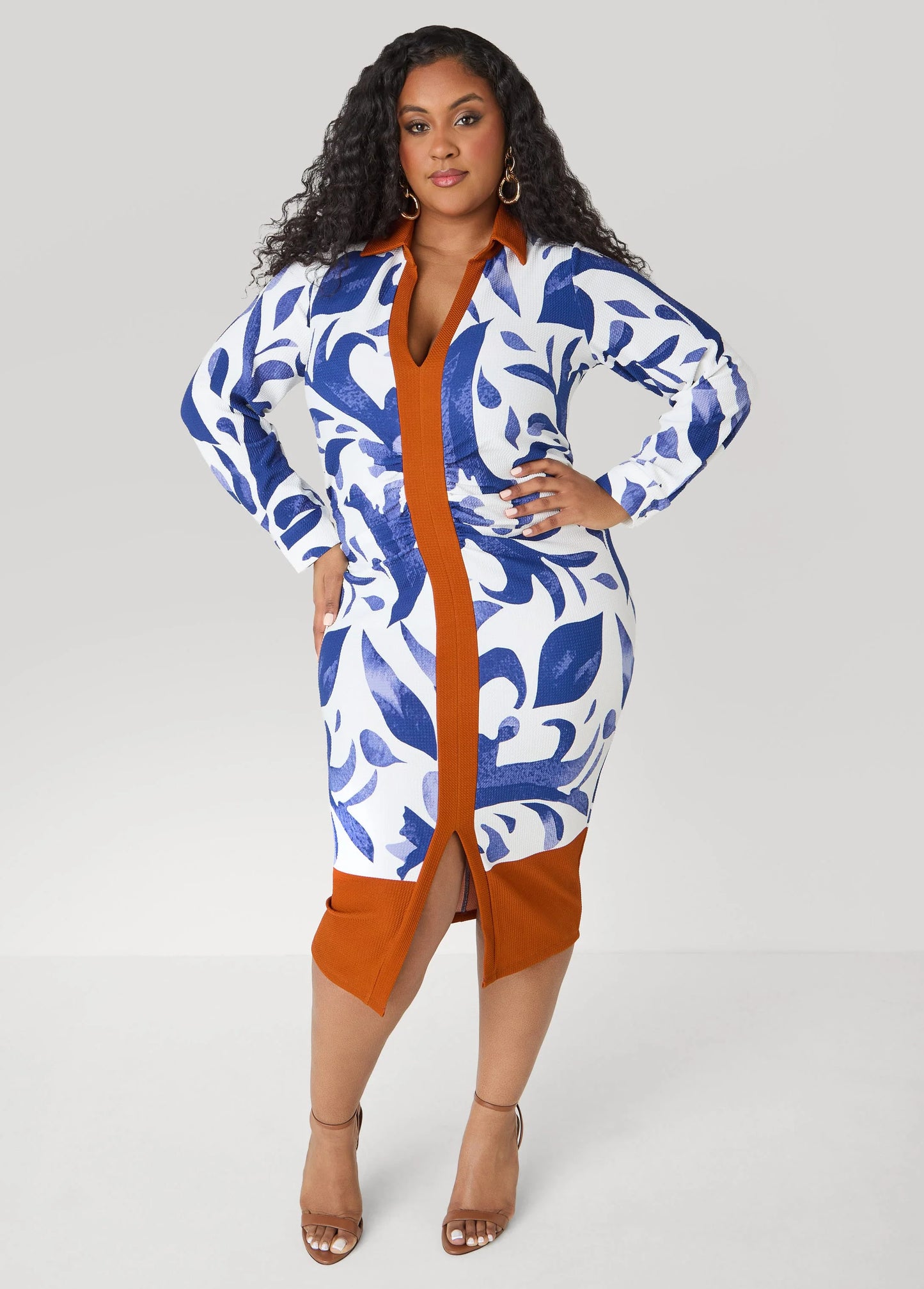 Ruched Leaf Print Bodycon Dress