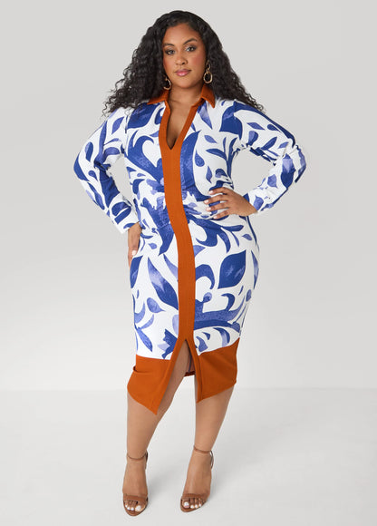 Ruched Leaf Print Bodycon Dress