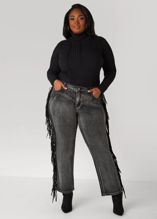 Faux Suede Fringed Bootcut Jeans