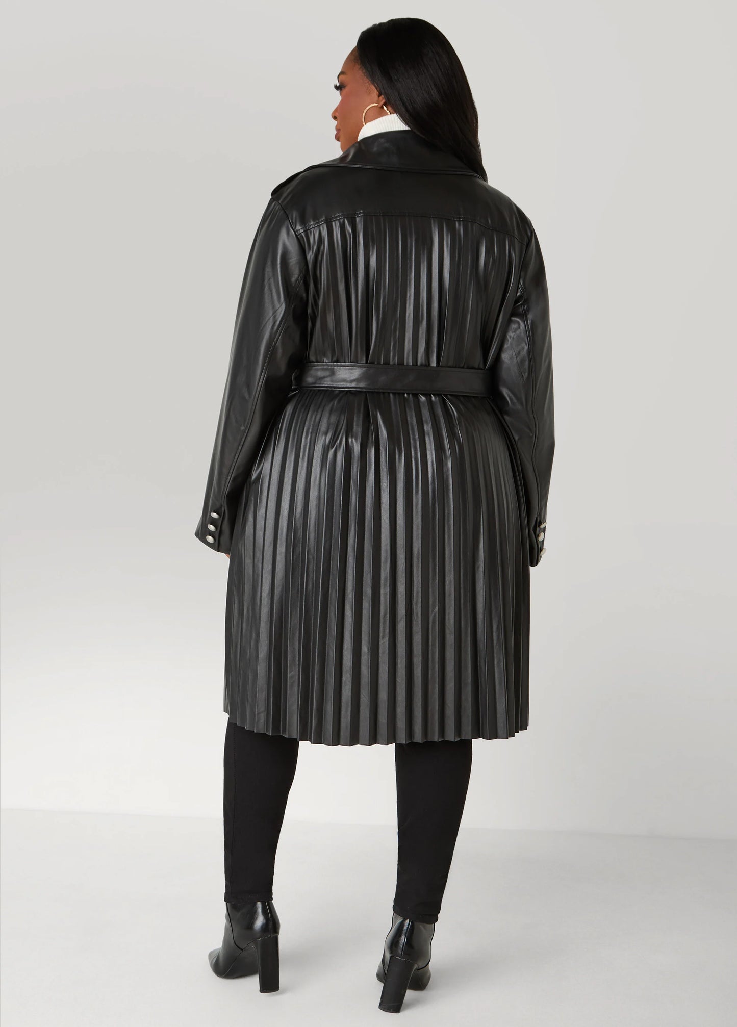 Pleated Faux Leather Trench Coat