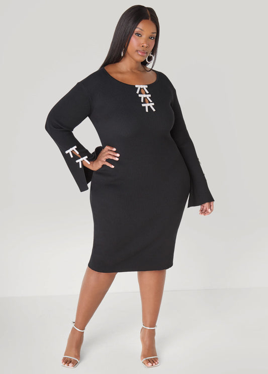 Cutout Crystal Bows Sweater Dress