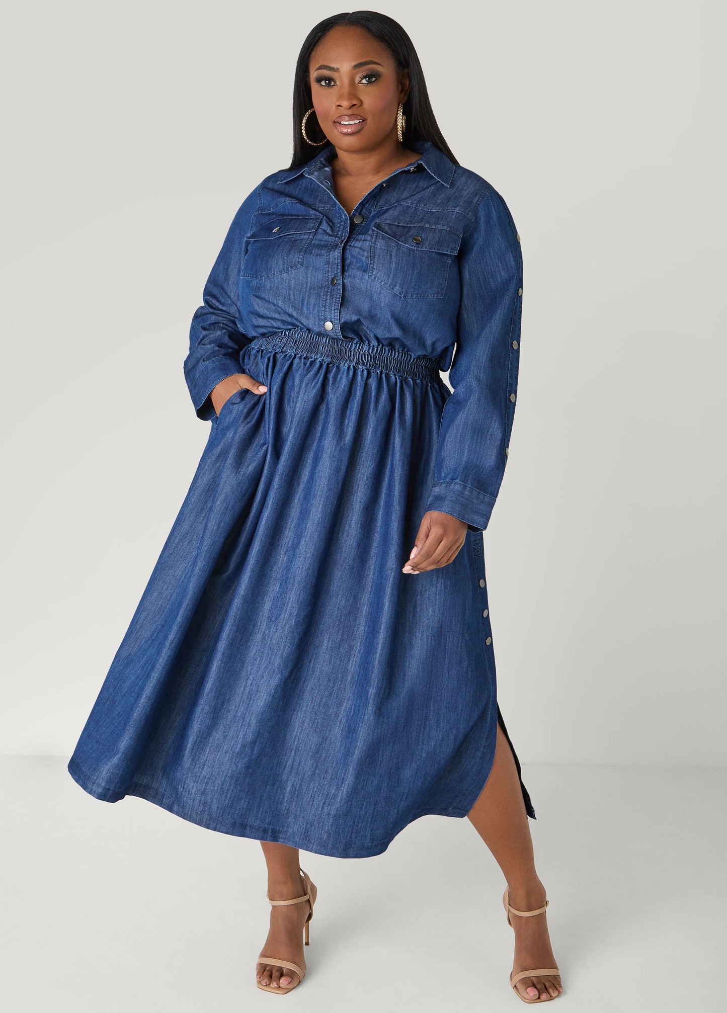 Tall Snap Detailed Chambray Shirtdress