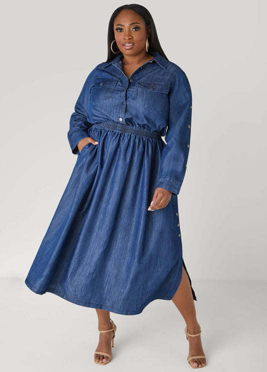 Tall Snap Detailed Chambray Shirtdress