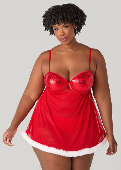 Sequin And Faux Fur Babydoll Set