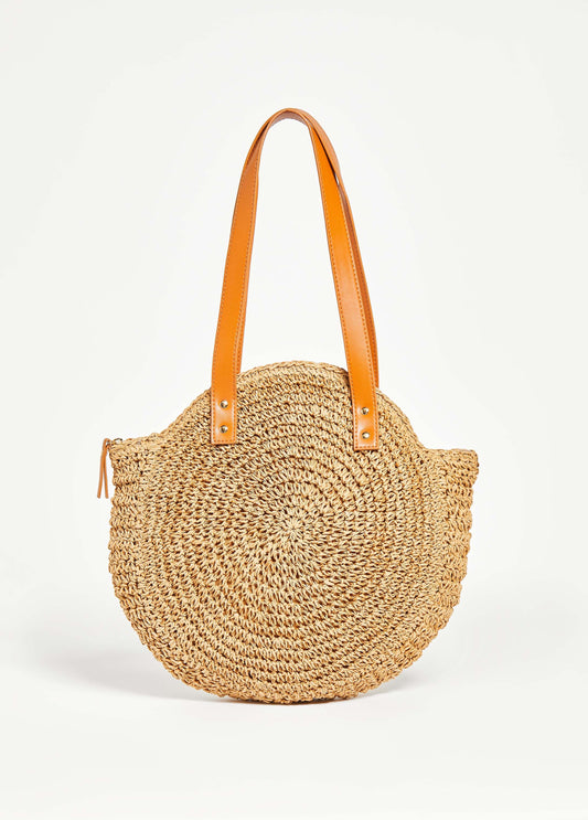 Faux Leather Trimmed Straw Bag