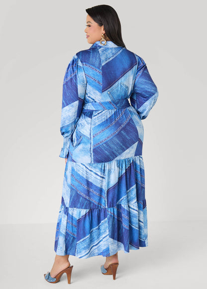 Patchwork Denim Print Maxi Dress