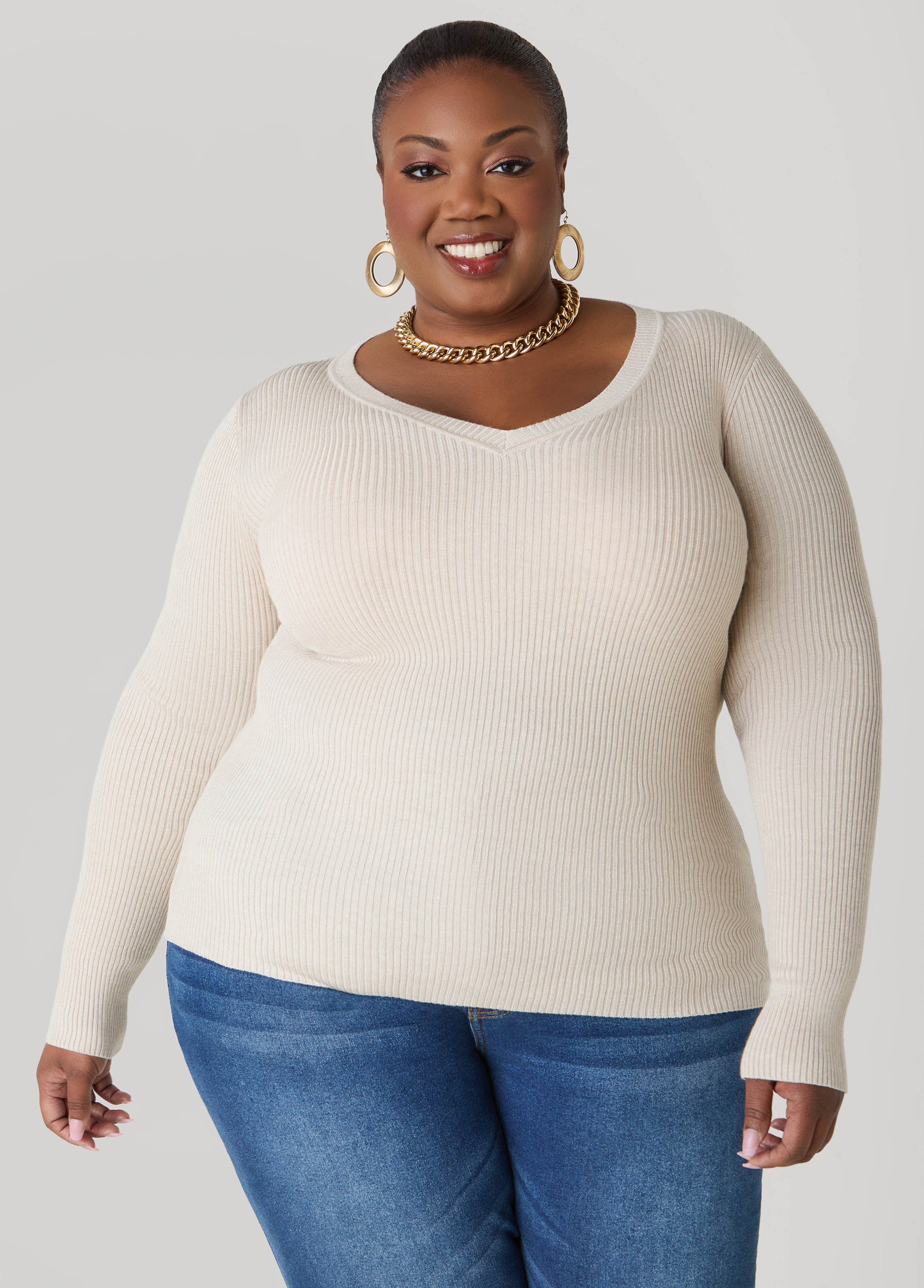 Ribbed Knit V Neck Sweater
