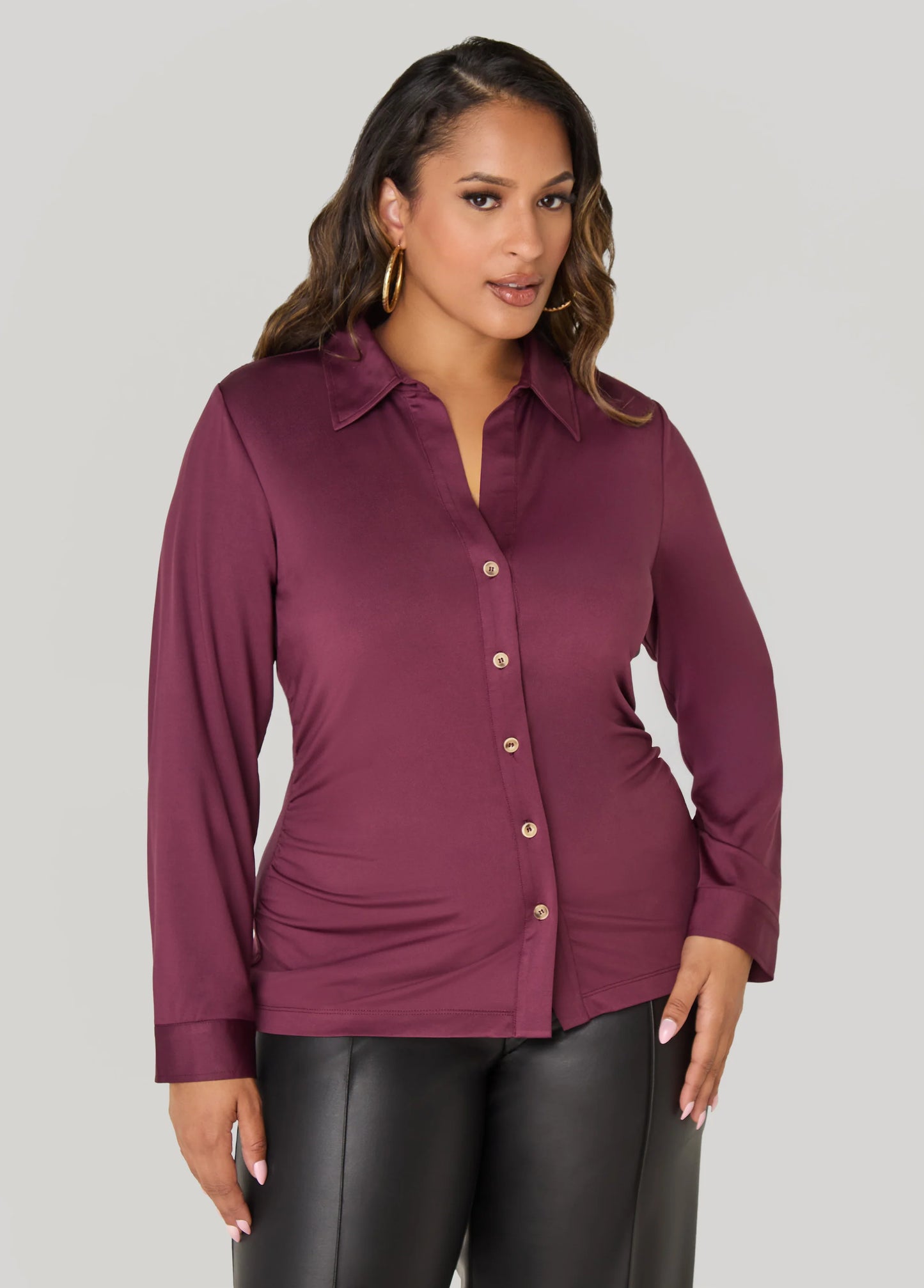 Gathered Button Front Knit Shirt