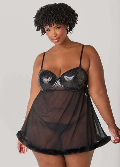 Faux Fur And Sequin Babydoll Set