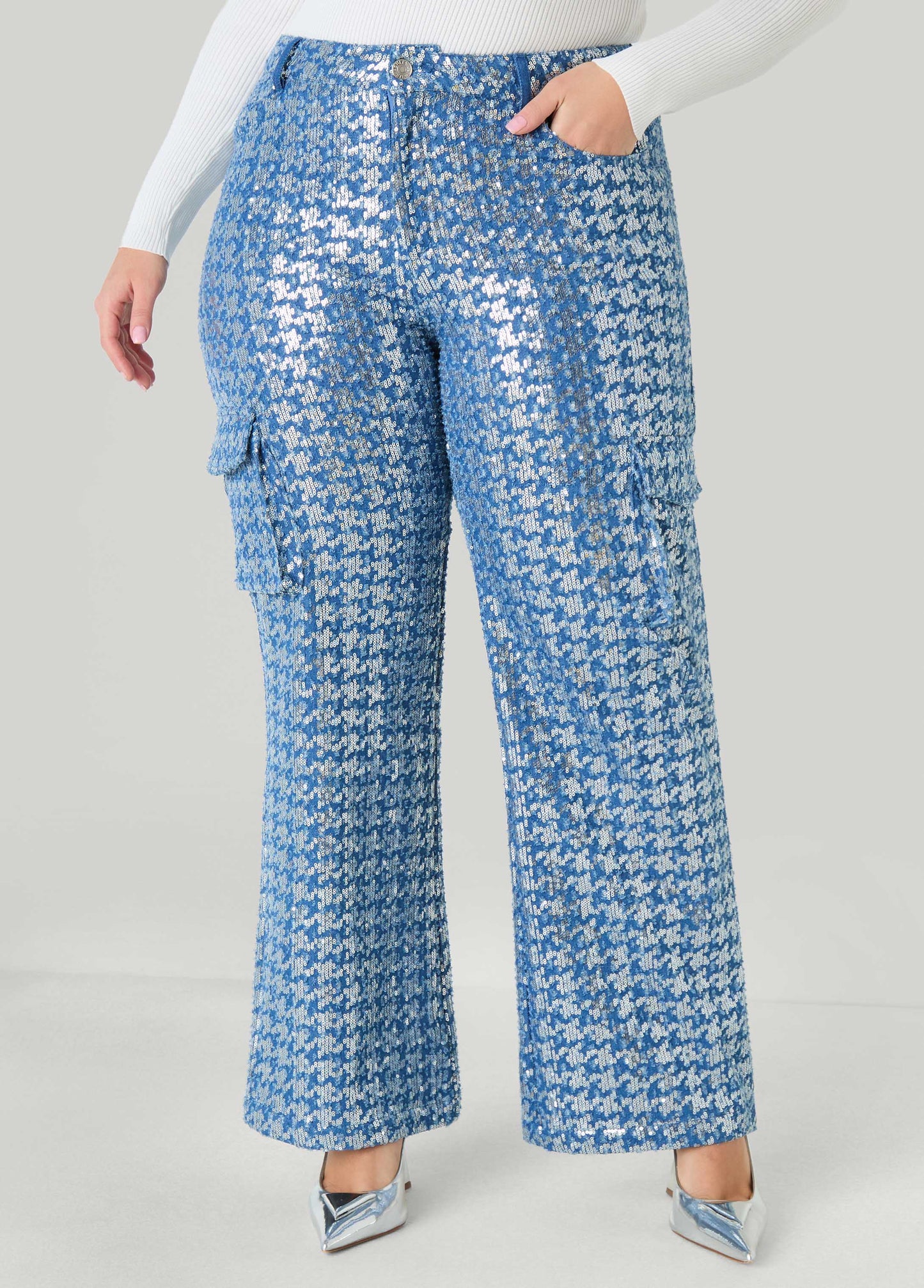 Distressed Sequined Cargo Jeans