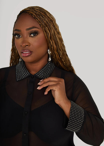 Crystal Embellished Mesh Shirt