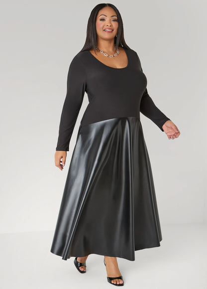 Faux Leather Paneled A Line Dress