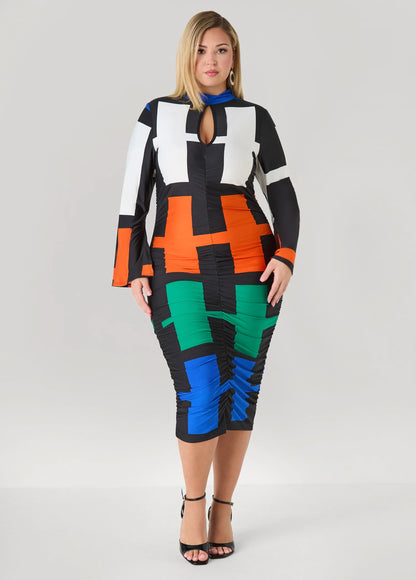Ruched Geo Print Bodycon Dress
