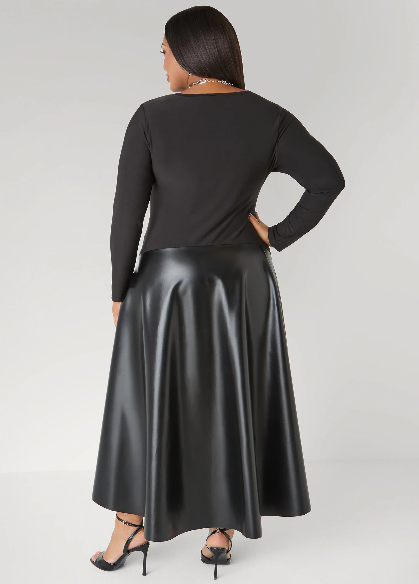 Faux Leather Paneled A Line Dress