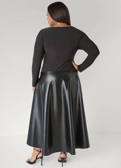 Faux Leather Paneled A Line Dress