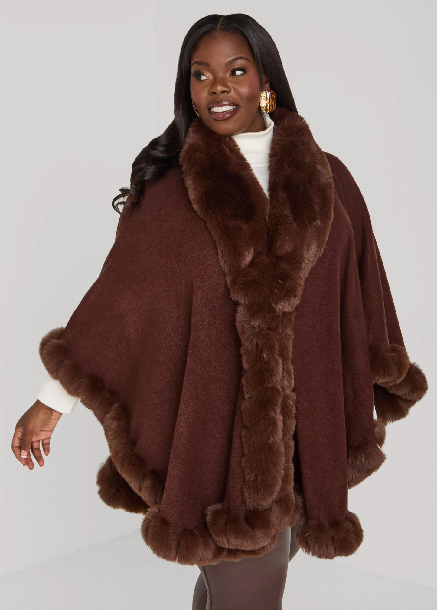 Max Studio Faux Fur Trimmed Ruana