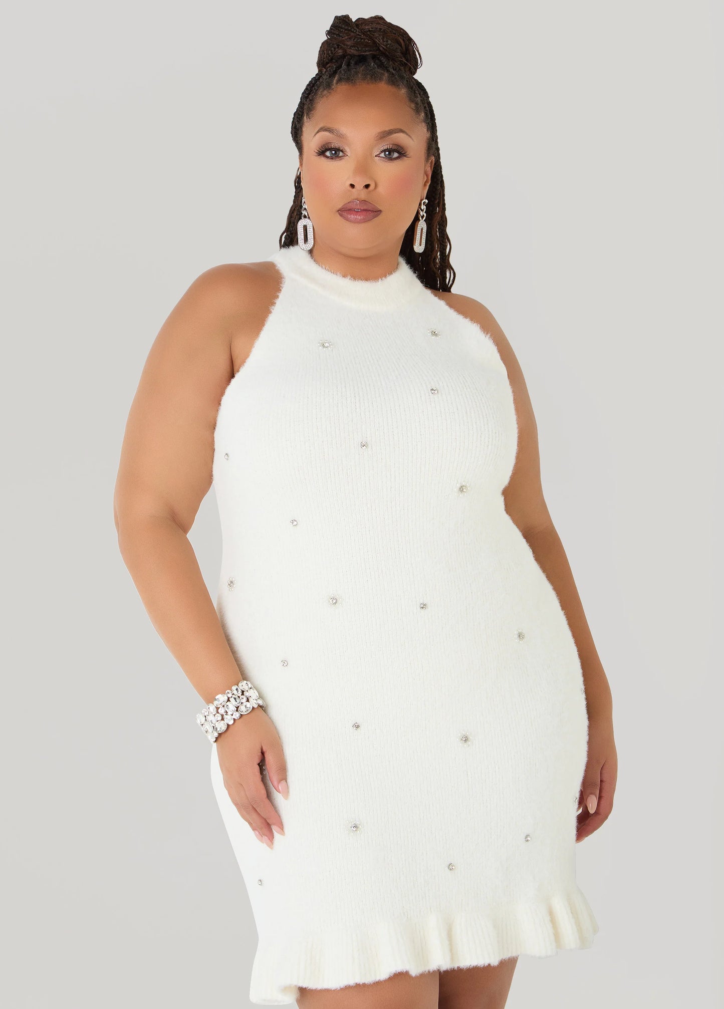 Flounced Embellished Sweater Dress